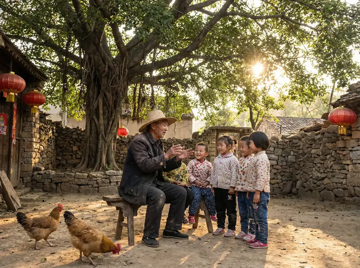老人在大榕树下给孩子们讲故事 - 雄安300亿地方债 乡村记忆